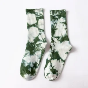 lose-up of tie dye socks in blue, pink, yellow, black, green and yellow